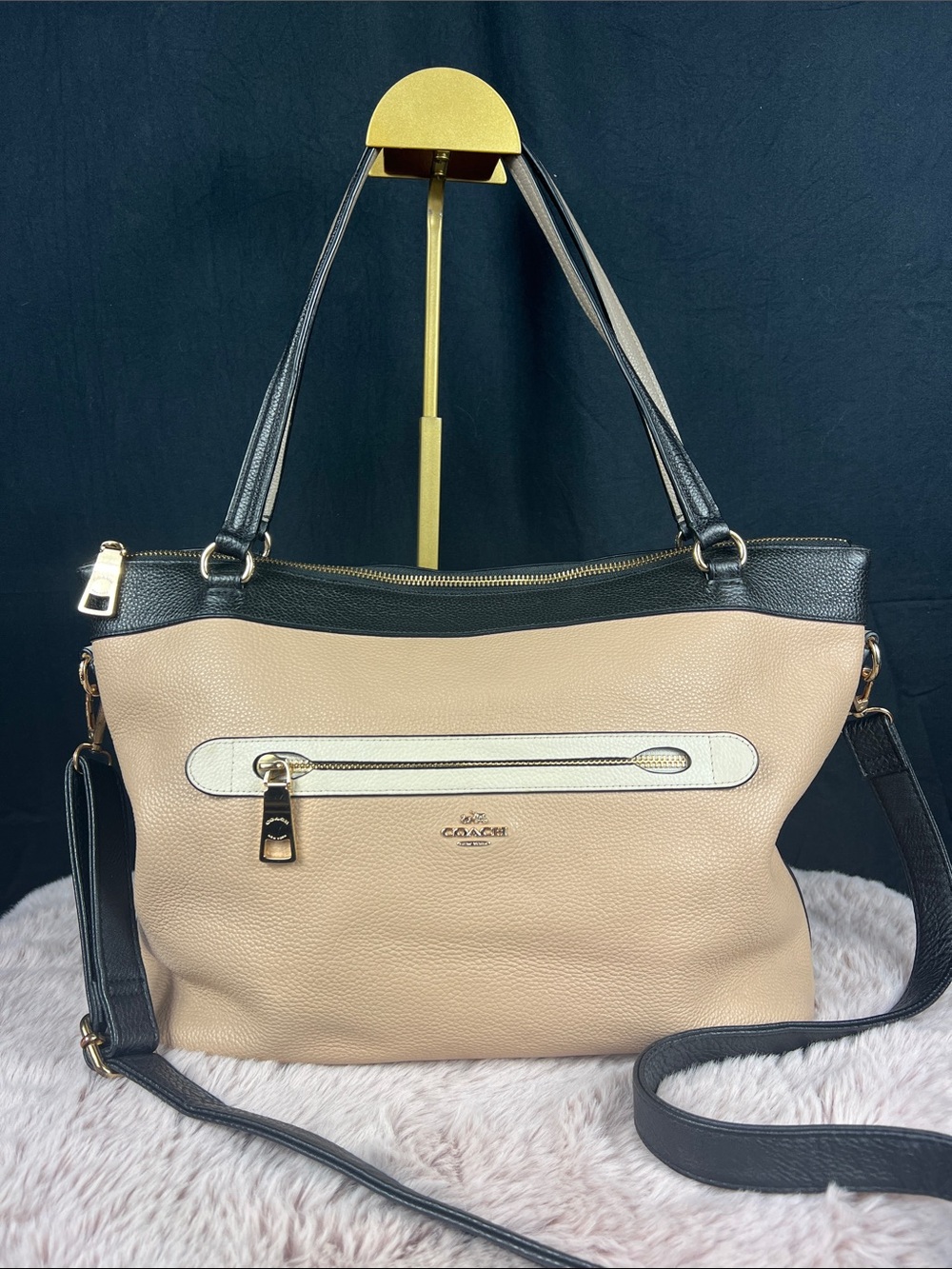 Coach Tyler Geometric Colorblock Leather Tote Bag Black Beechwood Chalk F57496